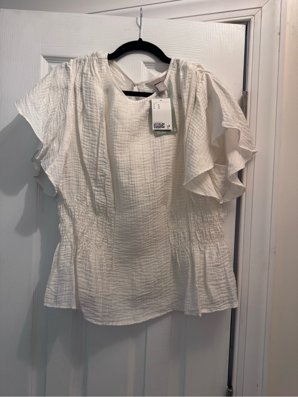H&M Cream Ruffle Sleeve Smocked Waist Blouse
